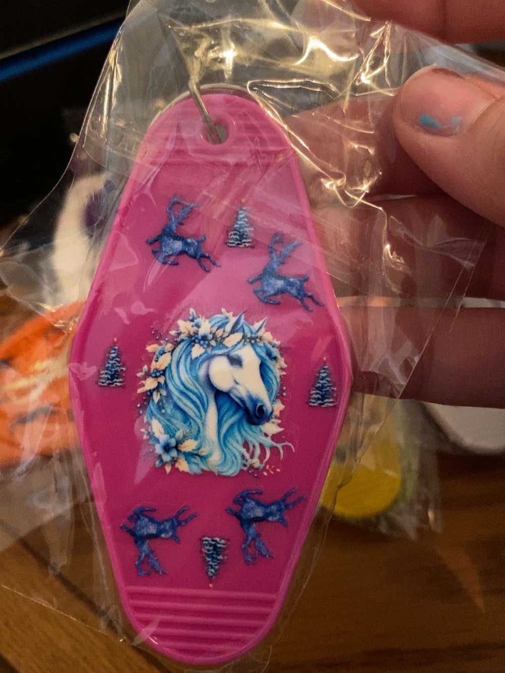 Pink Unicorn Keychain with Blue Horse Design